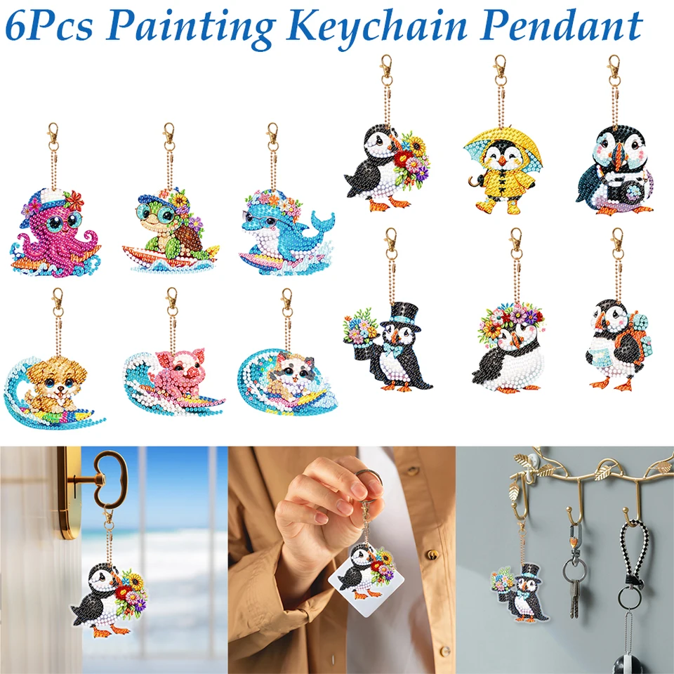 6kry akrylové obojstranné roztomilé zvieratá Diamond Painting Keychain Diamond Painting Art Keychain Prívesok pre začiatočníkov dospelých