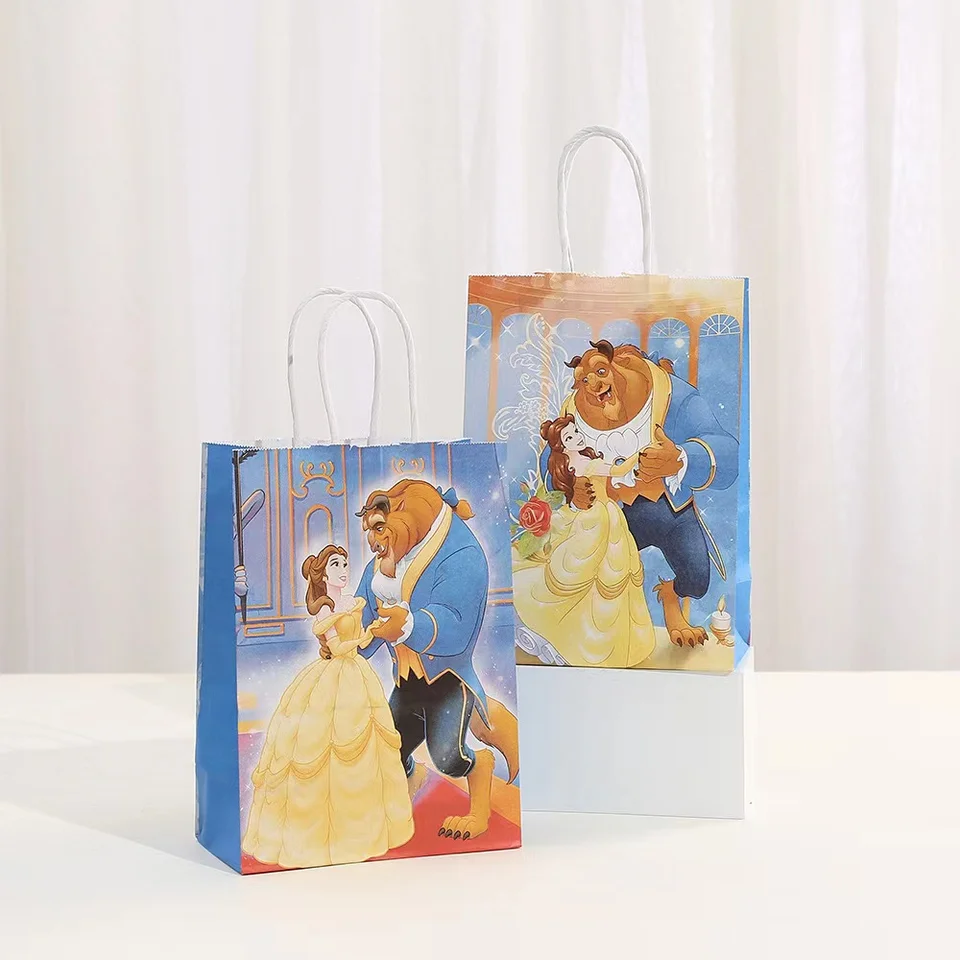 6ks Disney Belle princezná tote tašky papierové cukrovinky Darčeky Krás a šelma dievčatá dievčatá narodeninové oslavy dekorácie