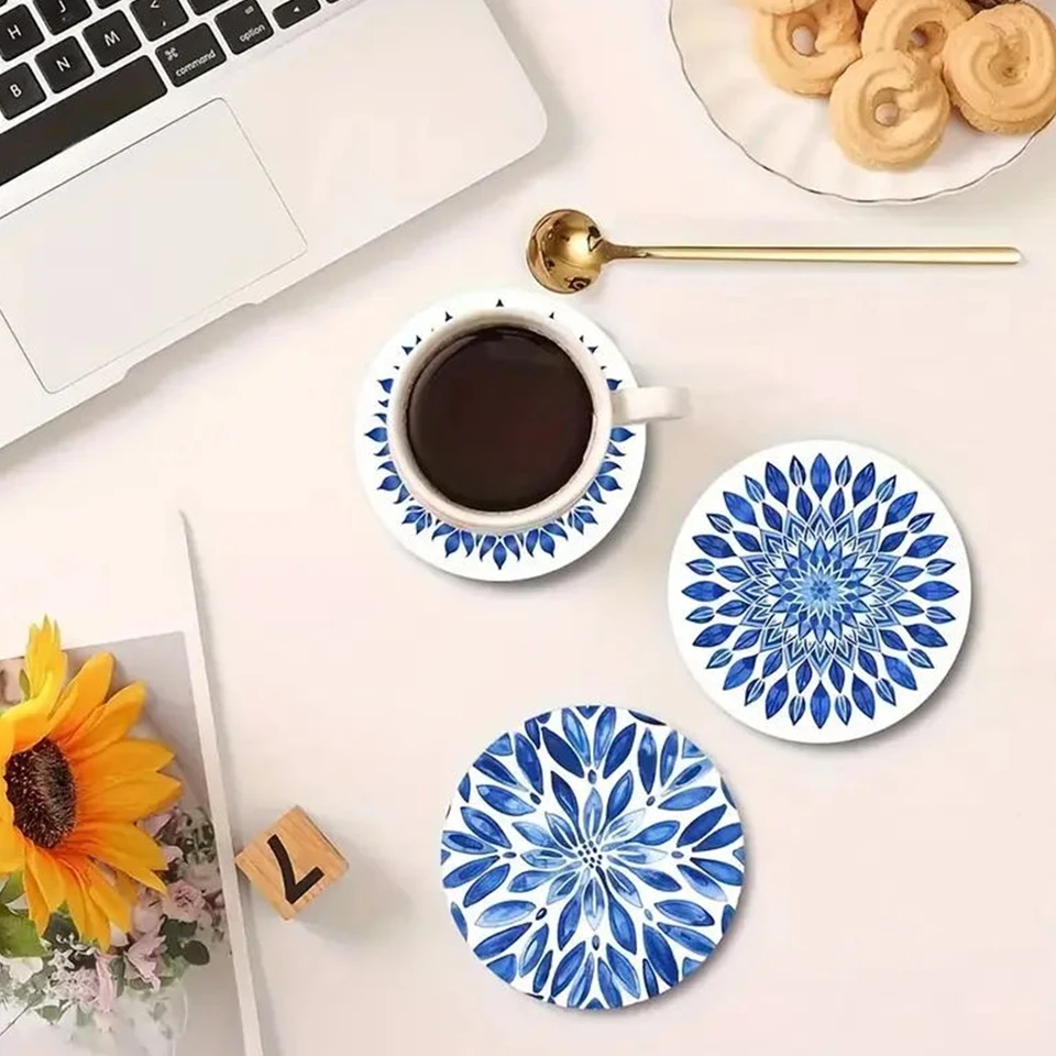 6ks Drevené modré a biele porcelánové poháre Mandaly Coasters Nastavené non -skĺzavé okrúhle Coasters Dekoratívne šálky rohože pre pracovnú plochu