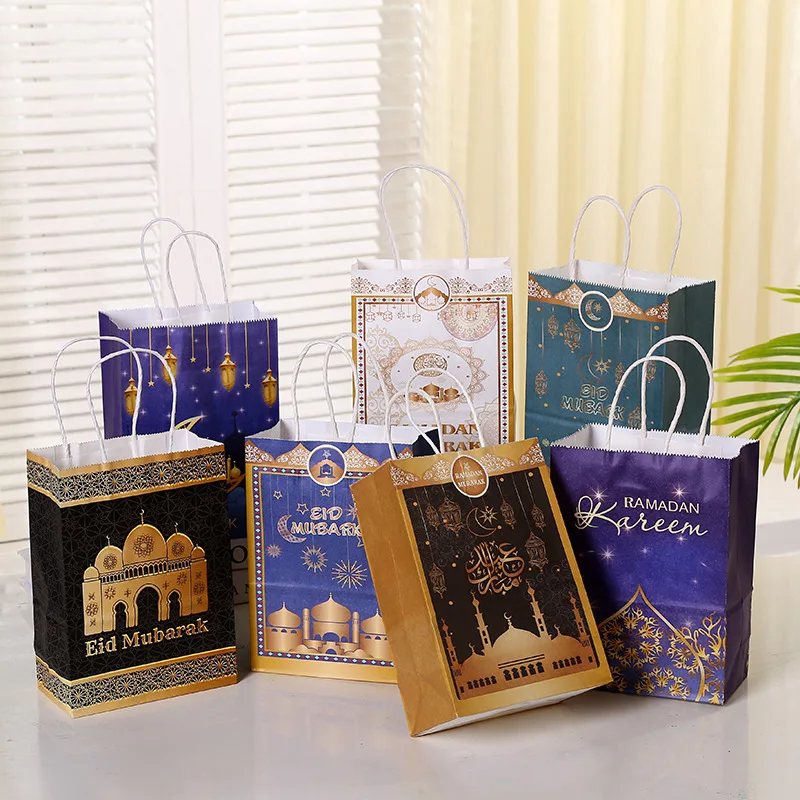 6ks Eid Mubarak Kraft Paper Darčekové tašky sušienky Candy Wrapper Box Muslim Islamský festival Dodávky Ramadan 2023 Eid Al Adha
