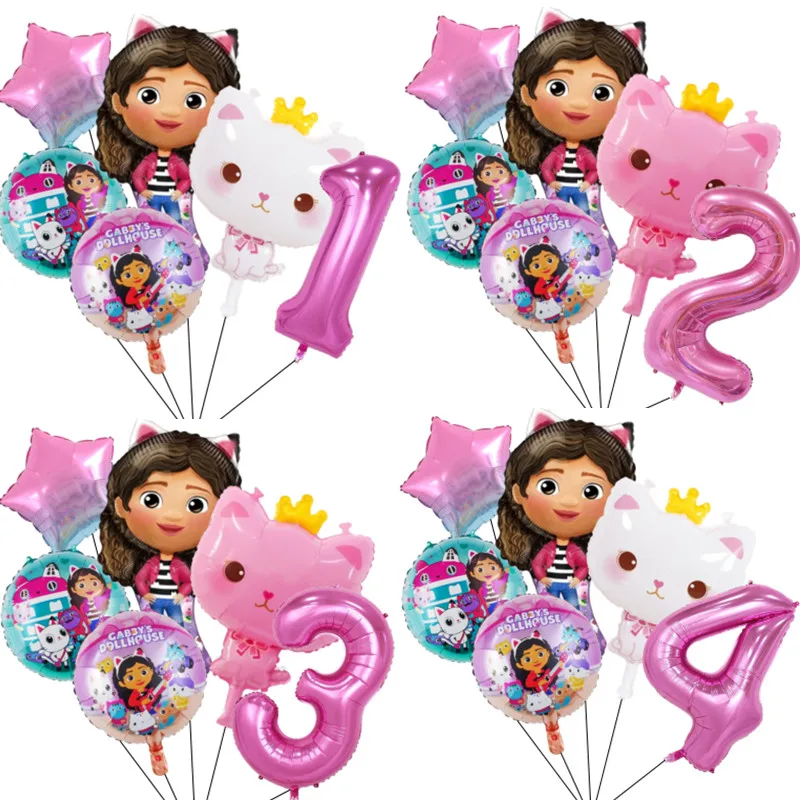 6ks Gabby Dollouh Cats Číslo balóniky Detská narodeninová oslava dekorácia Hliníkové balóny dievča Gabby's Doll Balloon Set