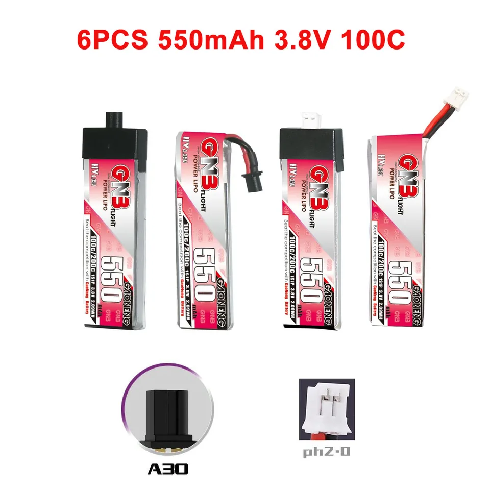 6ks GNB 550MAH 1S 3,8 V 100C HV 4,35V LiP batéria s A30 konektorom PH2,0 pre RC FPV DRONE DIY Plug vs betafpv bt2.0 450 mAh 1s