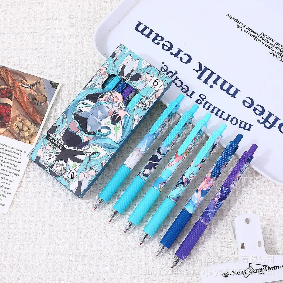 6ks hatsune miku roztomilé gélové pero Cartoon Cartoon Black 0,5 mm rýchle suché pero Pen Office Darčekové školy