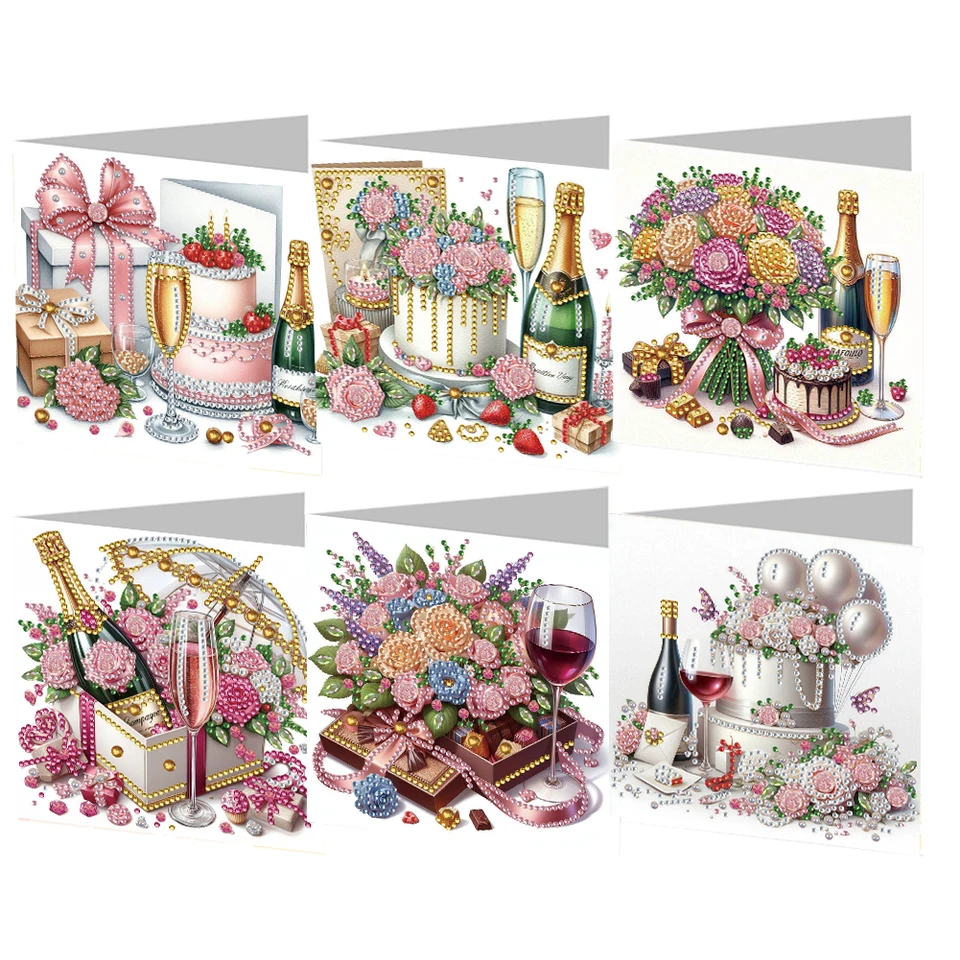 6ks narodeninové priania priania kamienka maľba karty Kit Diamond Diamond Card Diamond Painting Card Greating Card pre sviatočné večierky laskavosti