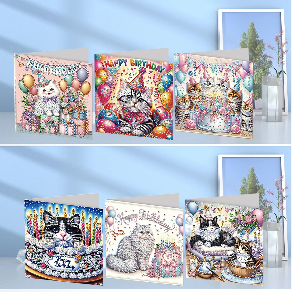 6ks narodeniny Cat DIY Diamond Painting Card Rodinestón maľba karty Kit Diamond Painting Card Card pre sviatočné večierky
