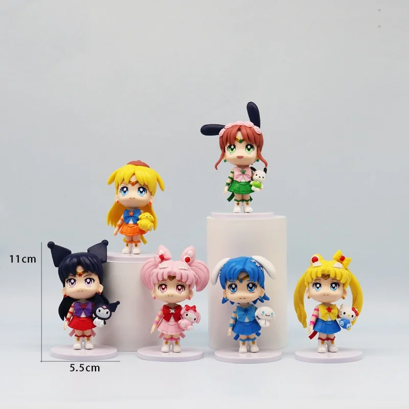 6ks/set Amine Sailor Moon s Kitty Kuromi Melody PVC Tsukino Usagi Chibiusa Hino rei Kino makoto figurínový model dekorácie