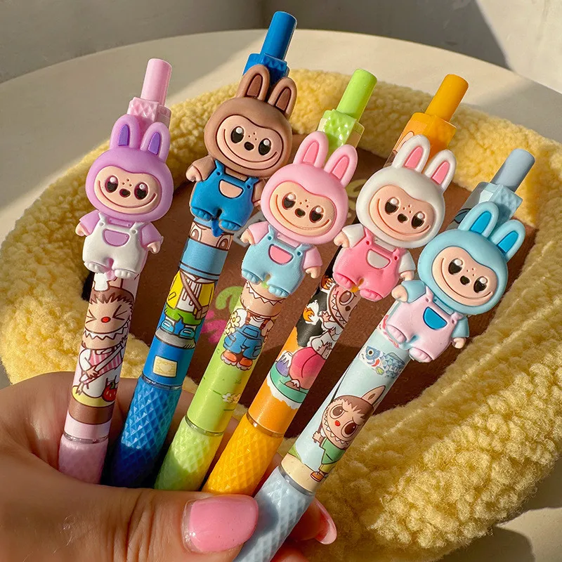 6ks/set Cute LaBubu Kliknite na perá 0,5 mm čierny atrament zatiahnuteľné tlačiarenské perá pre kanceláriu späť do školských potrieb