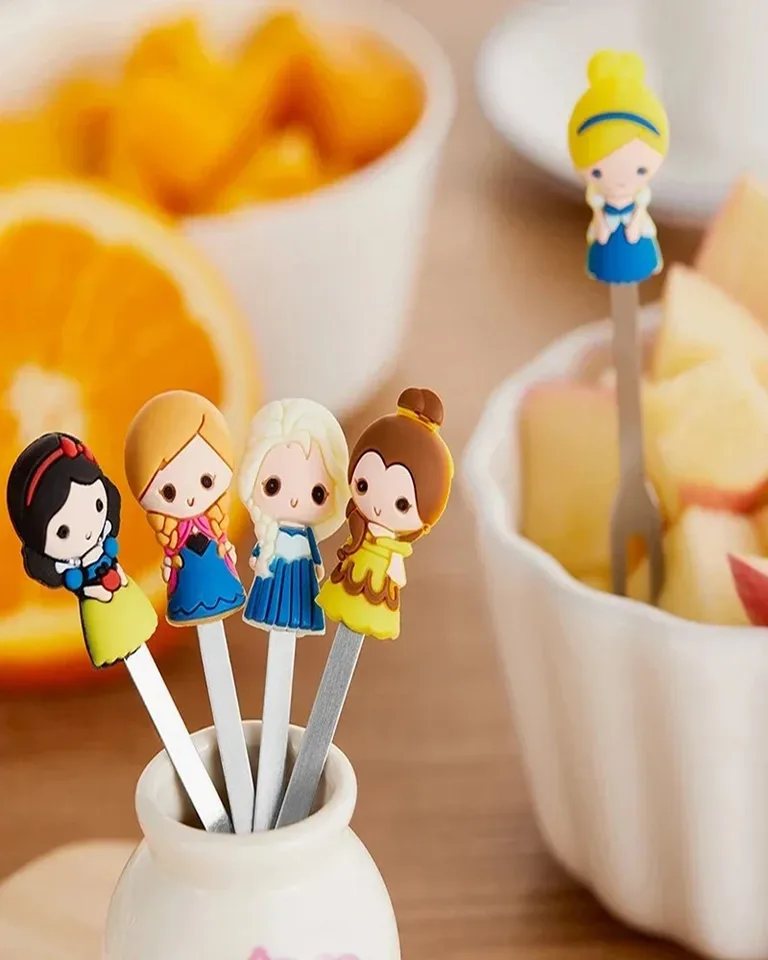6ks/set Disney Princezná Kawaii z nehrdzavejúcej ocele dezert ovocné vidlice s držiakom set mini šalát ovocné vidlice Food Party
