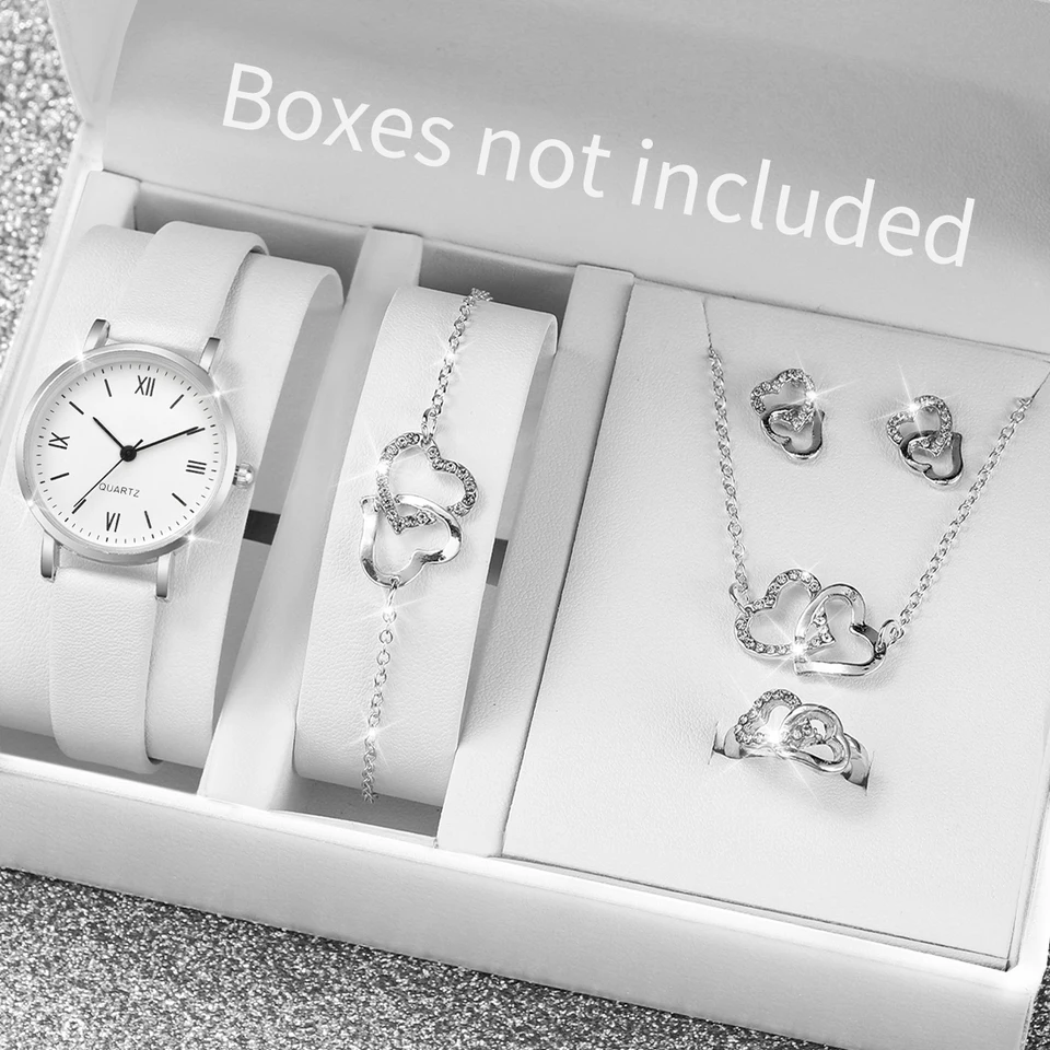 6ks/set dámske hodinky módna rómska kožená kapela Quartz Watches Heart Jewelry Set （bez krabice）