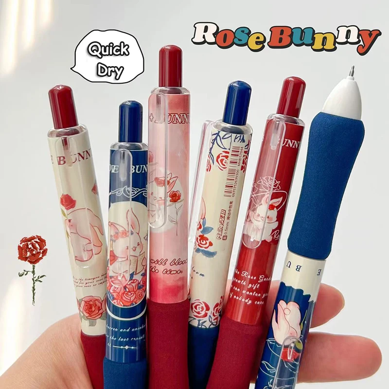 6ks/set ružový zajačik gél retro gél atramentové pero 0,5 mm podpisové pero Rýchle suché písanie pero Pero Cute Patch Soft Touch Neutrálne pero