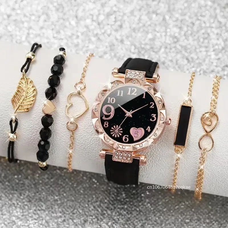 6ks Set Watch for Women Luxusná koža Analógová dámy Quartz zápästie Watch Fashion Watch Set Set Female Relogio Feminino Darček