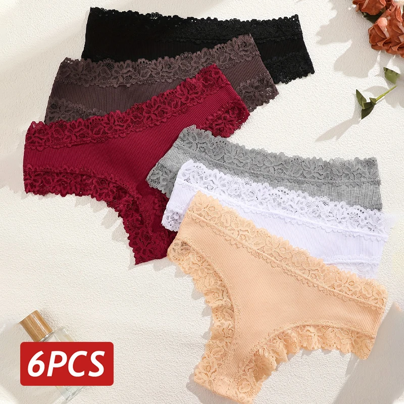 6ks čipky bavlnené nohavičky Ženy Sexy bezšvové brazílske nohavičky Dievčatá Sexy Low Rise Underwear Žena Priedušná mäkká spodná bielizeň