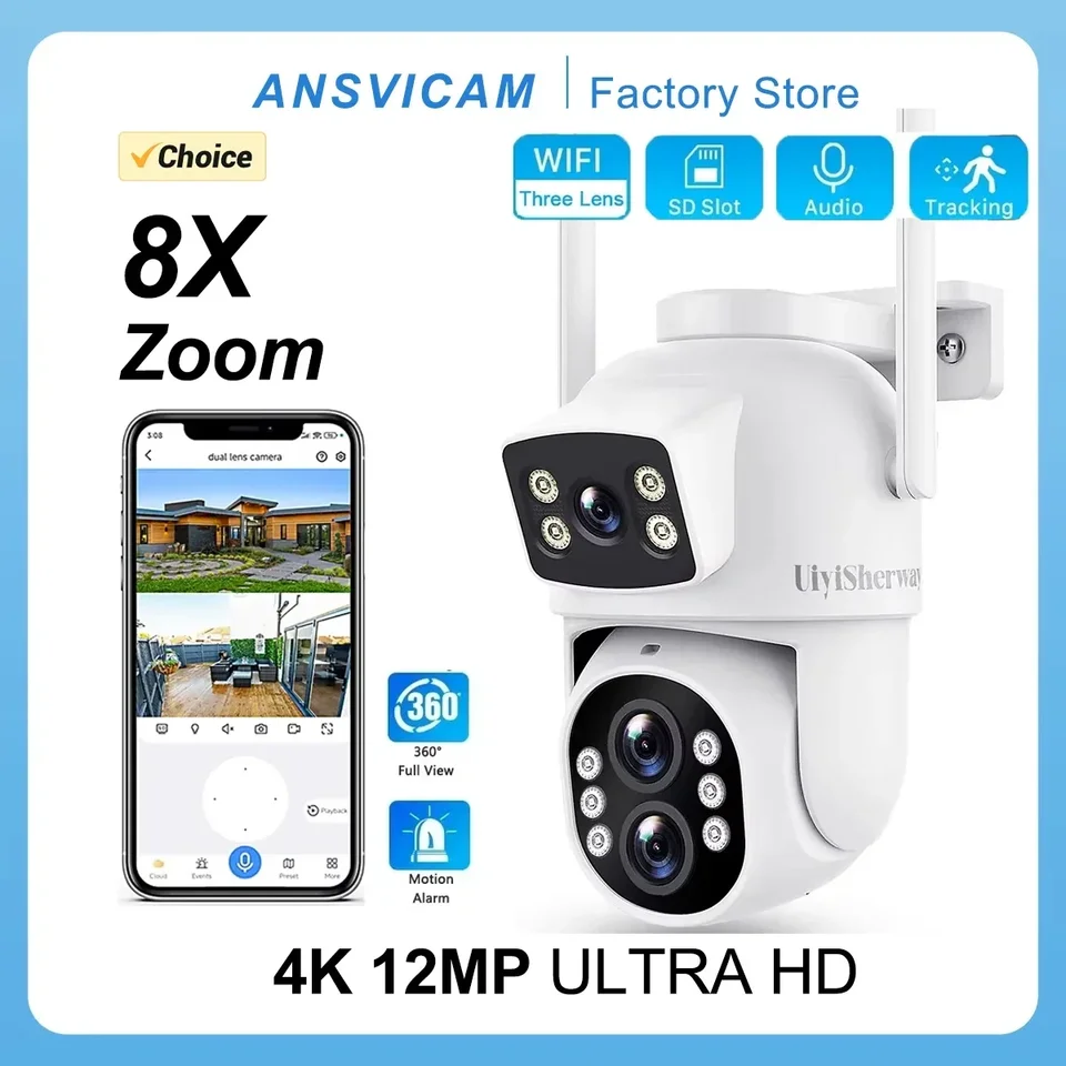 6MP WiFi Outdoor Camera-12MP rozlíšenie, trojitá šošovka, duálne obrazovky, automatické sledovanie CCTV sledovacej kamery pre vylepšenú bezpečnosť