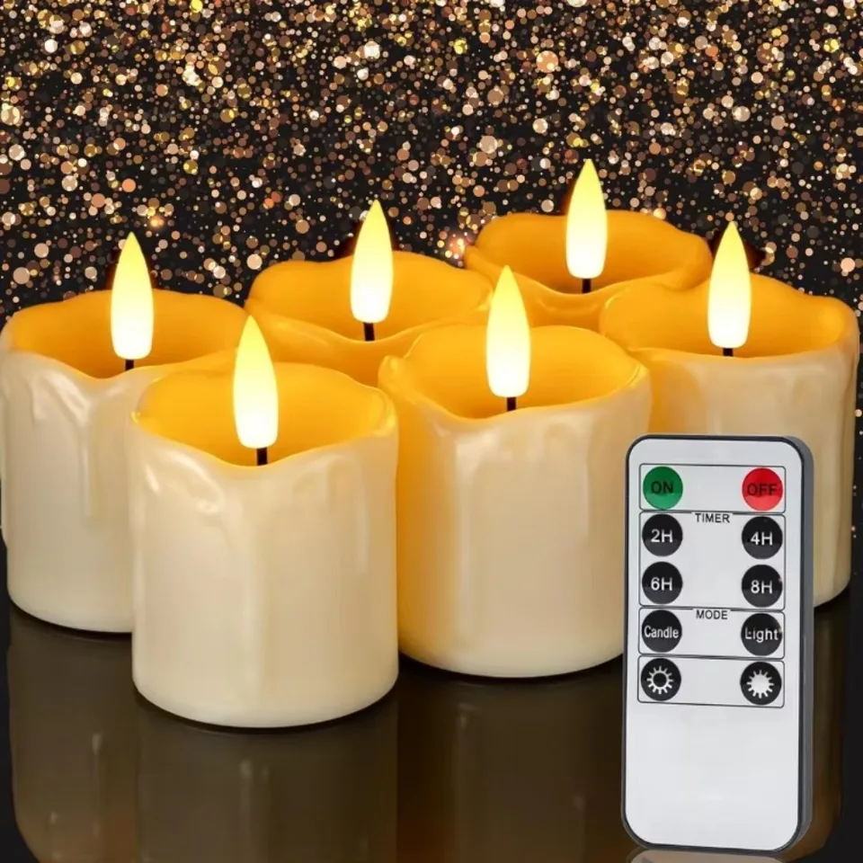 6pc Real Wax LED Tea Light Candles s časovačom 300+hodina Realistická čierna knôt Battera Batterated Candles na svadobné vianočné dekorácie