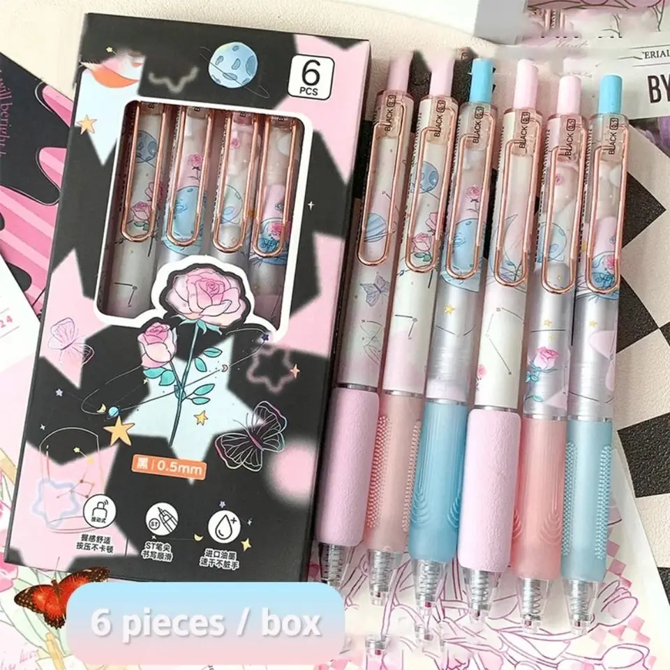 6pcs boxed kawaii roztomilý tlačový gélové pero Pretty estetická séria motýľa 0,5 mm písanie pero sv.