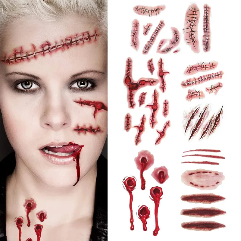 6pcs Halloween krvavé rany tetovania Trick strašidelné nepremokavé dočasné tetovanie DIY falošné tetovanie Halloween Party Dekorácie