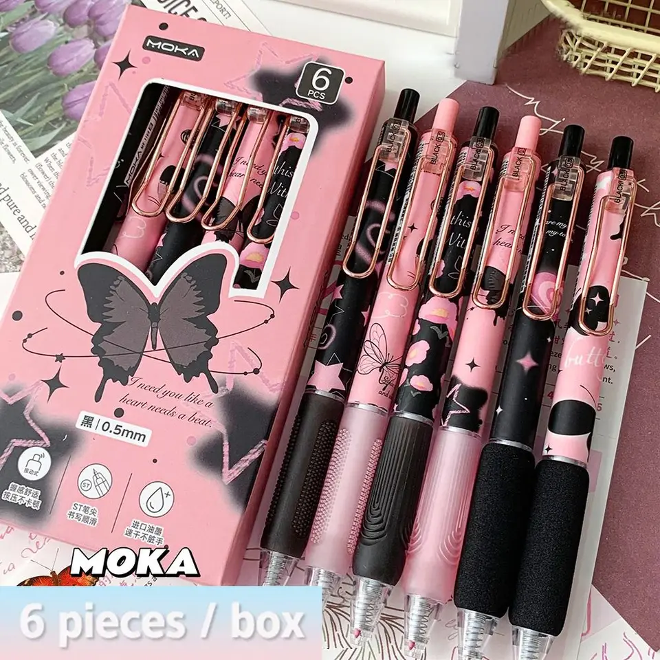 6pcs kawaii roztomilý tlačový gél gélové motýľa série dobre vyzerajúce 0,5 mm písanie pera St Nib Pretty estetický čierny atramentový pera