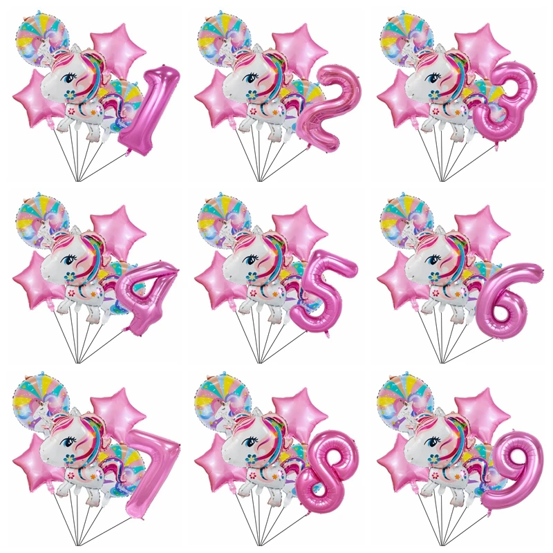 6pcs Rainbow UniCorn Téma fólia Balón dekor bábätká Dievčatá Dievčatá narodeninová oslava 1 2 4 5 6 7 8 9. Kids Hray Globos Supplies