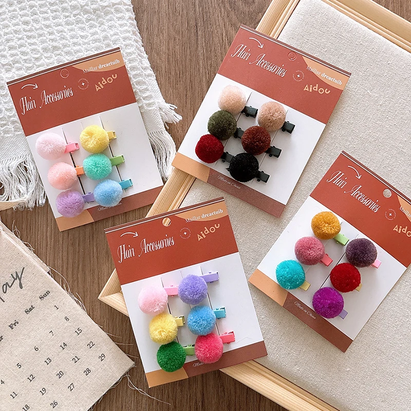 6pcs/set farebný pompom princezná girl Hairpins Autumn Winter Kids Plush Clips Clips Bangs Clips Headar pre dievčatá