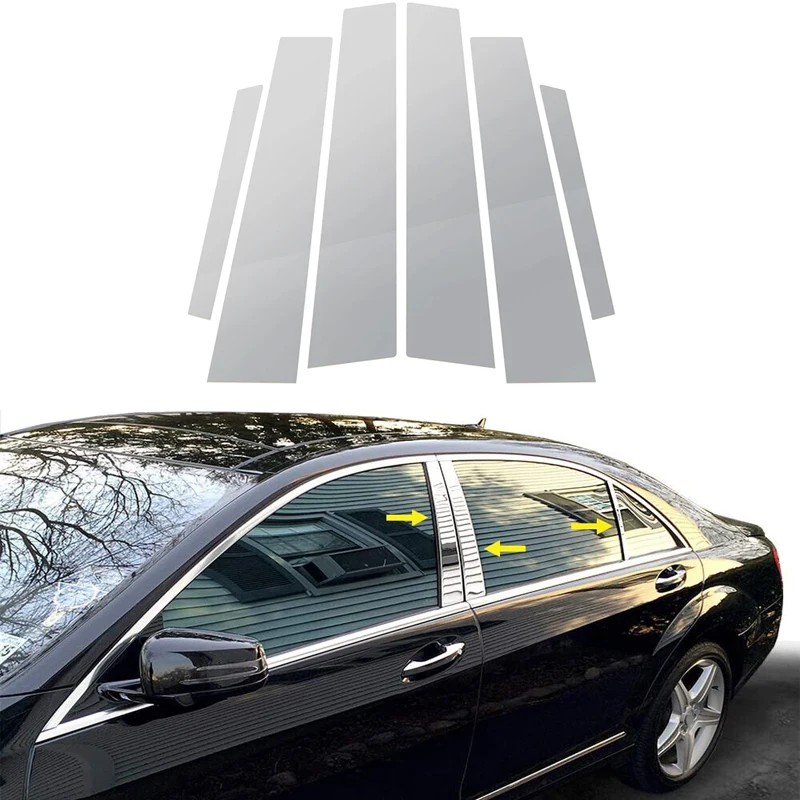 6pcs Set strieborný stĺp stĺpikový stĺpik bočné obloženie okna Cover na nálepku automobil Chrome Pasted Fit for Mercedes-Benz S-trieda W221