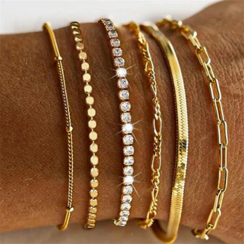 6pcs zlatá farba krištáľový náramok sada boho retro hustý twist kubánsky reťaz pre ženy