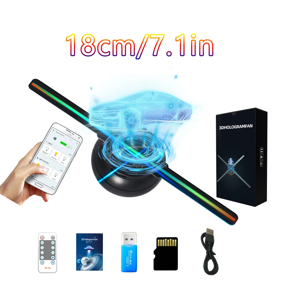 7,1in/18 cm 3D Hologram ventilátor, 160 0603 LED korálky Holographic projektor, HD blikanie bezplatná obrazovka s TF a App Control Halloween Darček