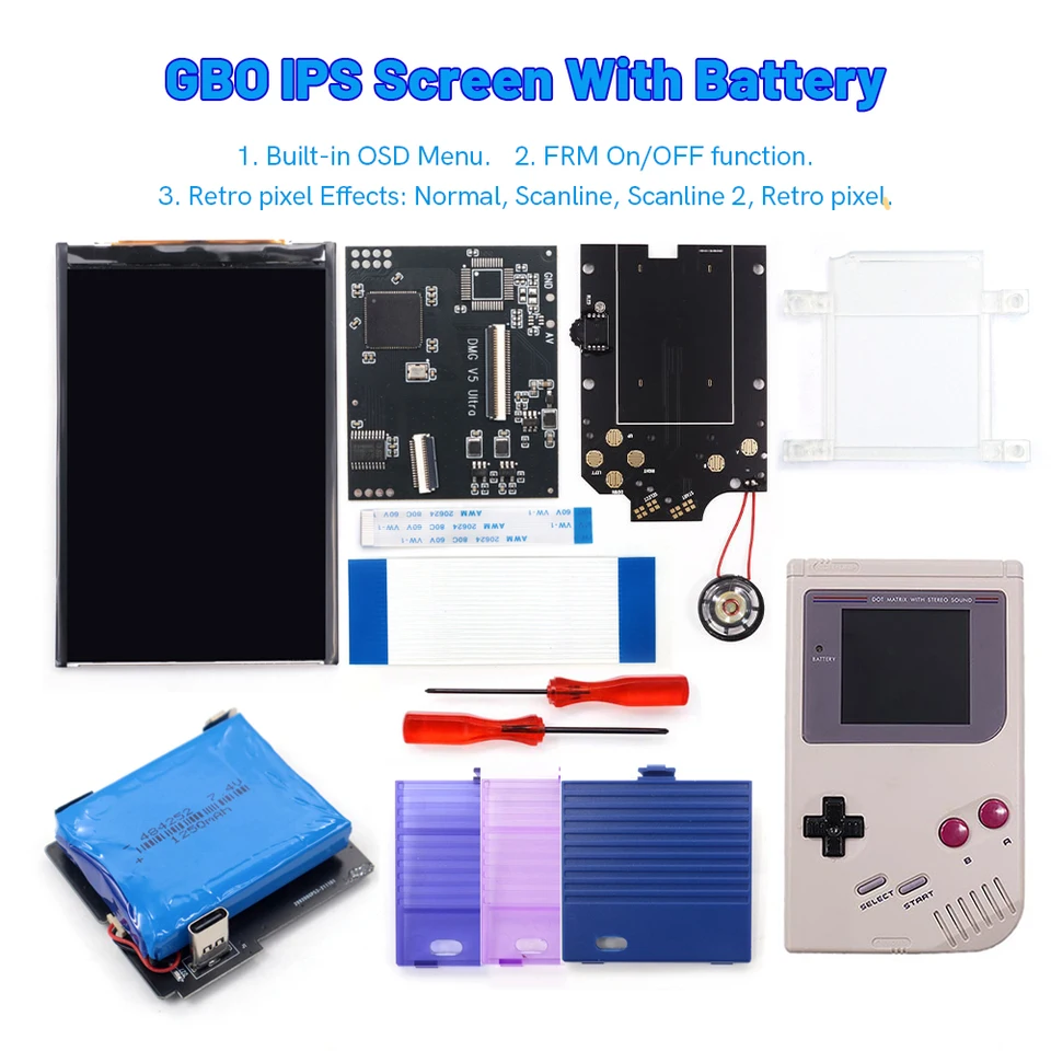 7,4V 1250 mAh 3,7V 2500 mAh Typ C Nabíjateľná batéria GB DMG V5 Pro Backlight LCD Kit pre Gameboy Original Display GBO Screen Display