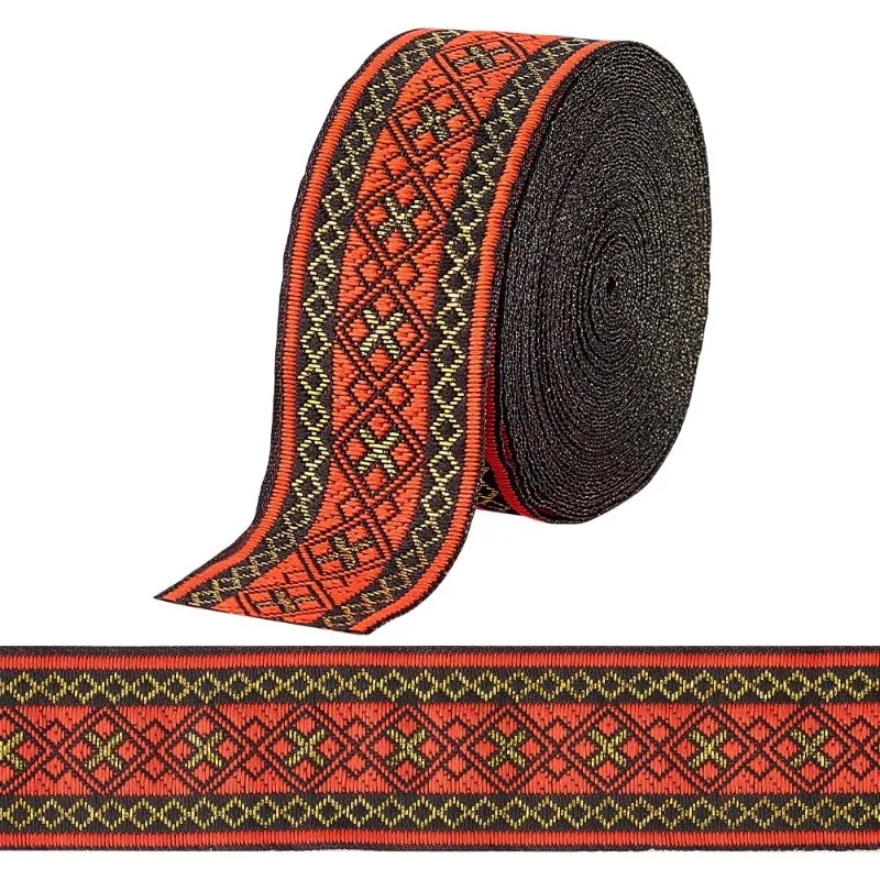 7,6 yardov Jacquard Ribbon Geometric tkané orezanie Etnická stuha 1,3 palca/ 3,3 cm červená vyšívaná stuha Jacquard Braid Trim