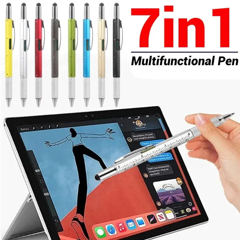 7 IN1 Multifunkčné guľôčkové pero s moderným ručným nástrojom Meranie technického pravítko skrutkovač dotyk dotykovej obrazovky Stylus Spirit Level