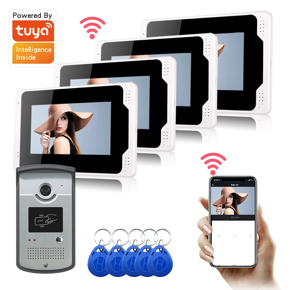7 palcov 1 ~ 4 Monitory WiFi Wifi Wireless RFID Video Dvere Dverte Intercom Intercom System s káblovou kamerou 1080p