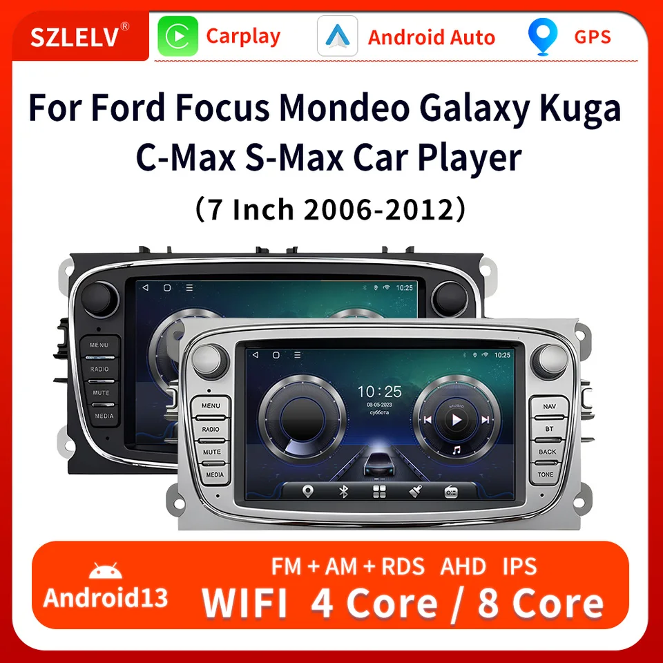 7-palcový rádio pre kartu pre kartu pre Ford Focus S-Max Mondeo Galaxy C-Max Kuga Fiesta GPS Navi Audio Android 13 Auto Player WiFi WiFi