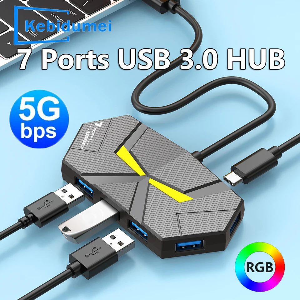 7 portov USB 3,0 HUB Typ C dokovacia stanica 5 Gbps Vysokorýchlostný prenosový splitter adaptér pre klávesnicu myši na pevný disk prenosného počítača
