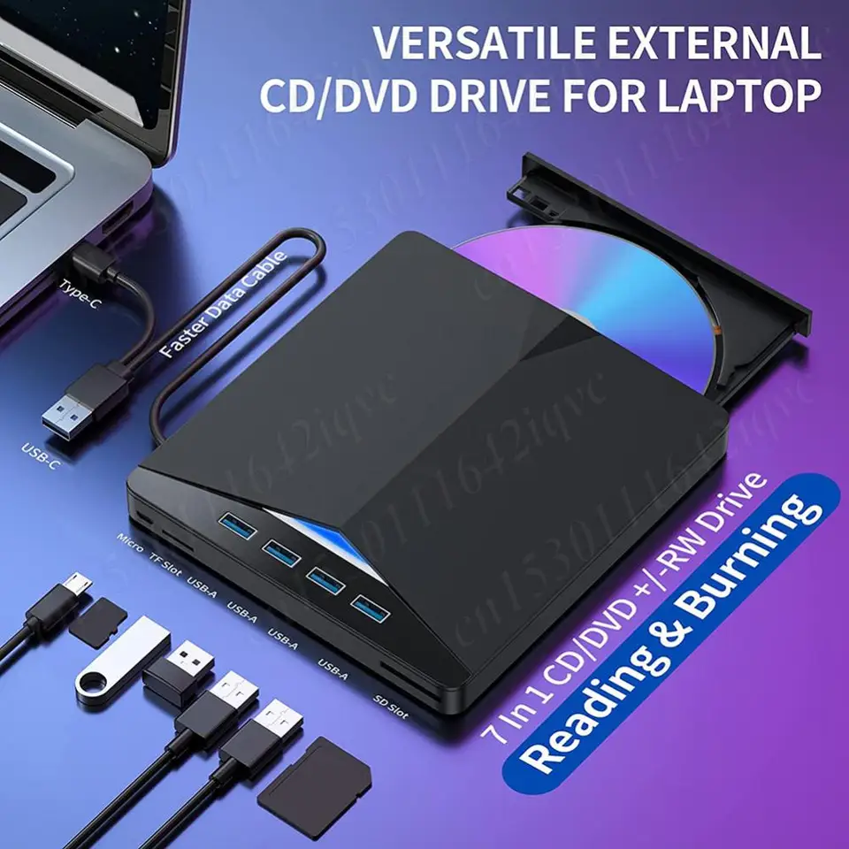 7 v 1 USB3.0 Externá externá CD DVD RW Optická jednotka vysokorýchlostného DVD Recorder Recorder Reader pre Windows 11/10/8/7/Linux/Mac OS
