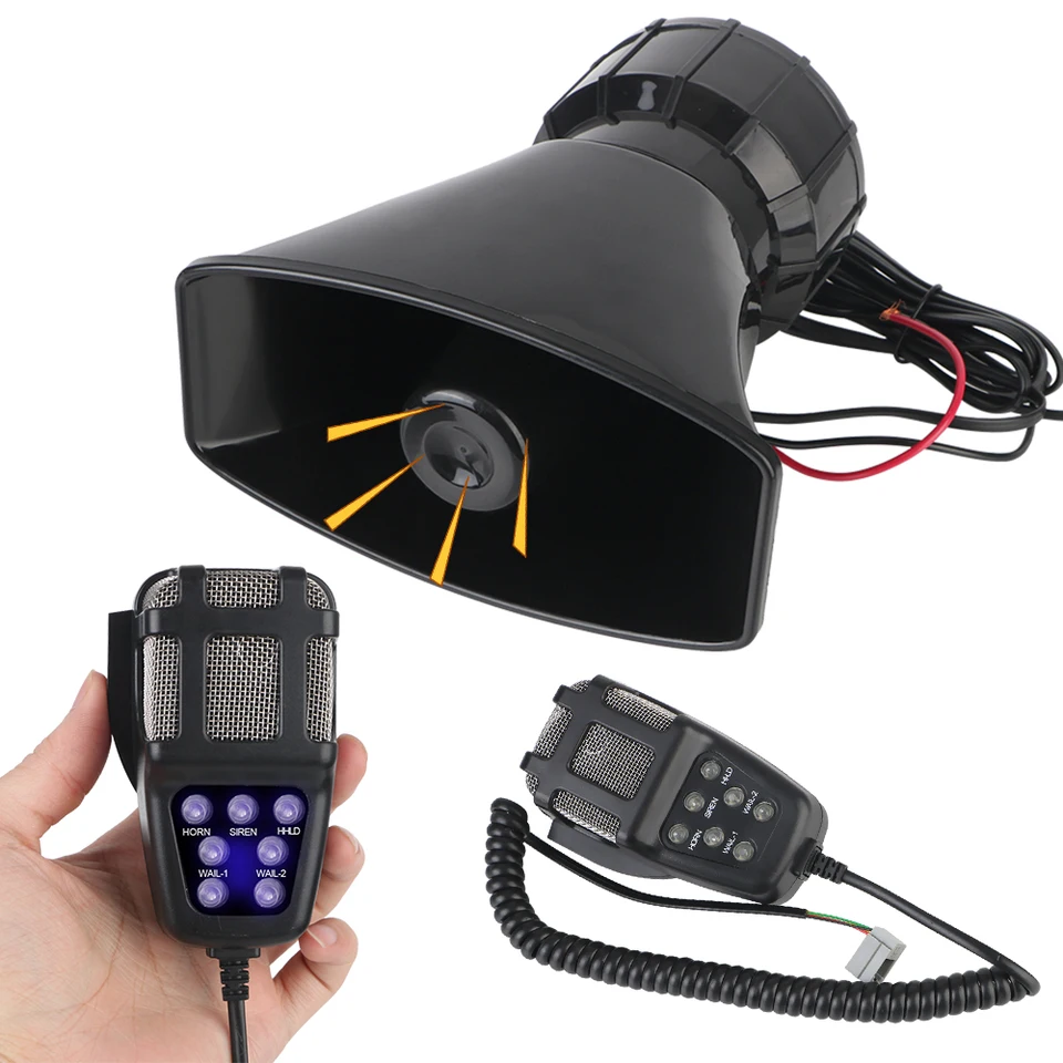 7 Zvuky policajná siréna Air Horn Reproduktor Varovanie Alarv Alarm megafón 120 dB Loud Car Horn 12v 100W Multi-Tone & Claxon Horn