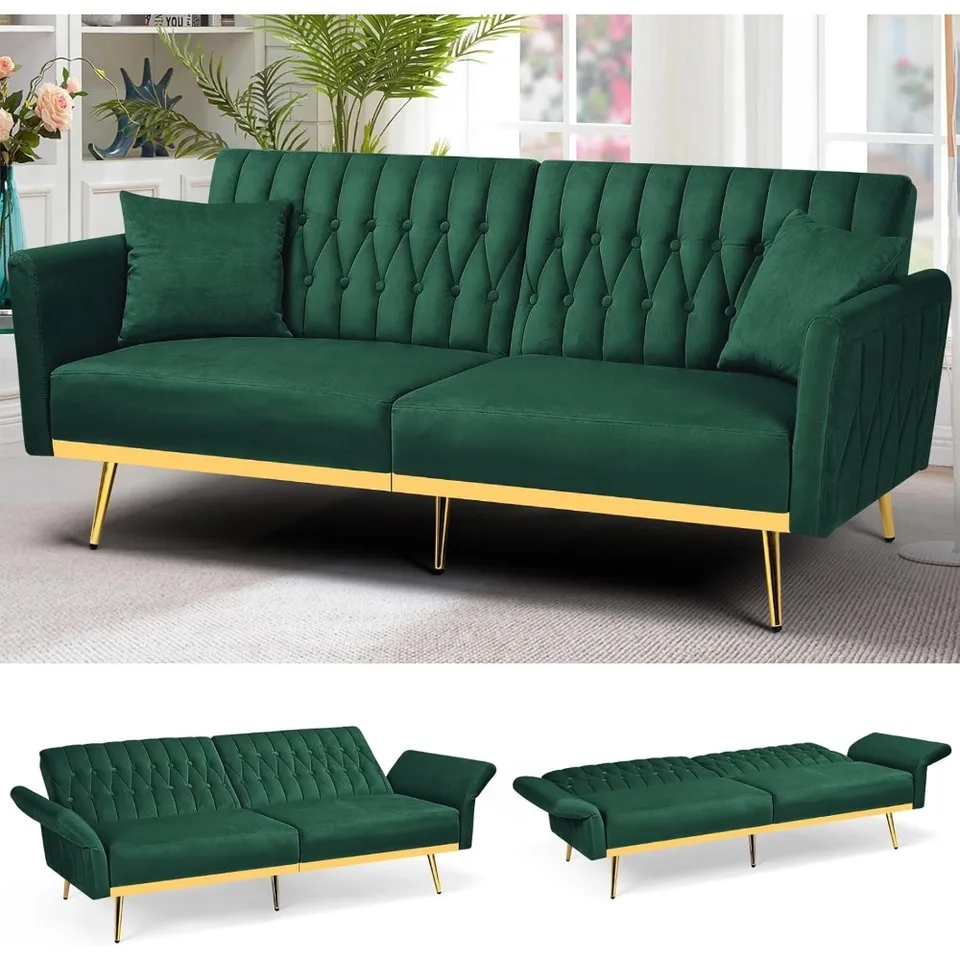 70 ”Velvet Convertible Futon Sofa Bed, nastaviteľné operadlá a lakťové opierky, 2 vankúše, pre obývaciu a spálňu