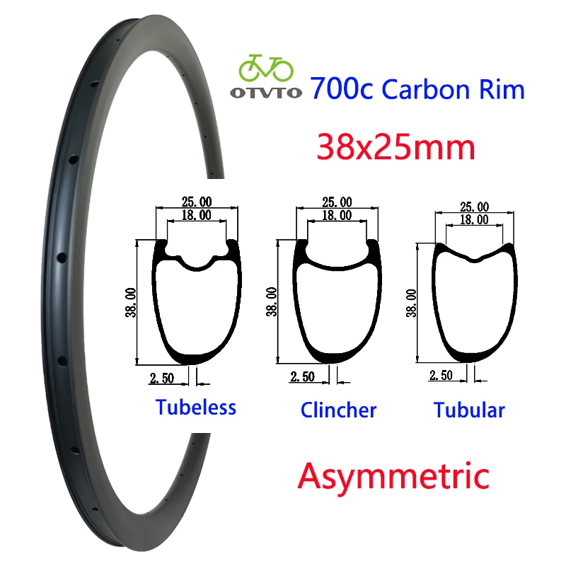 700 ° C uhlíkový okraj 38 mm hĺbka 25 mm šírka Asymetrický bezdušový kliner trubicový disk V-brzda 20H 24H 28H UD 3K 12K Cesta Coast Bicykel