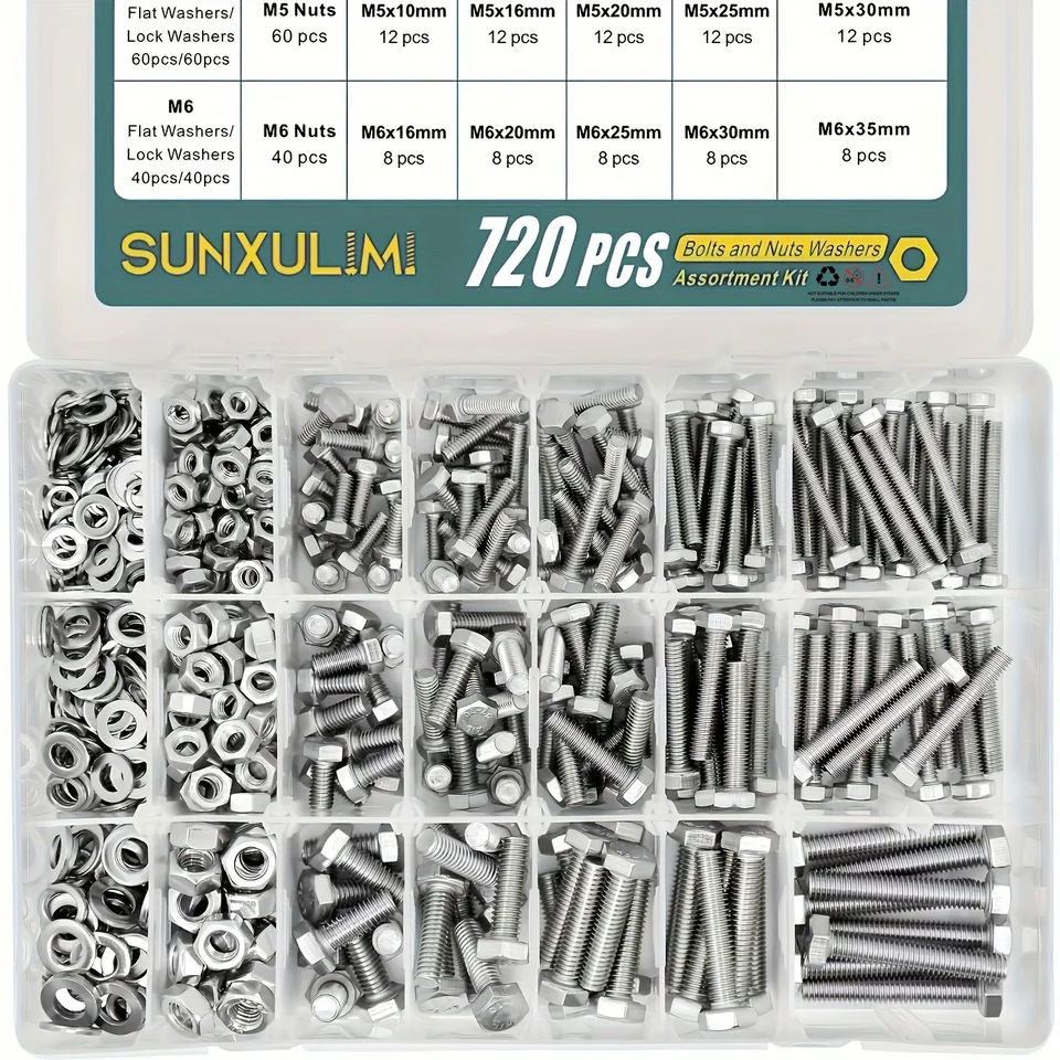 720ks 1640pcs M4 M5 M6 Skrutky a sortimenty sortimentu 304 Nerezová oceľ (18-8) Hex skrutky orechy a podložky