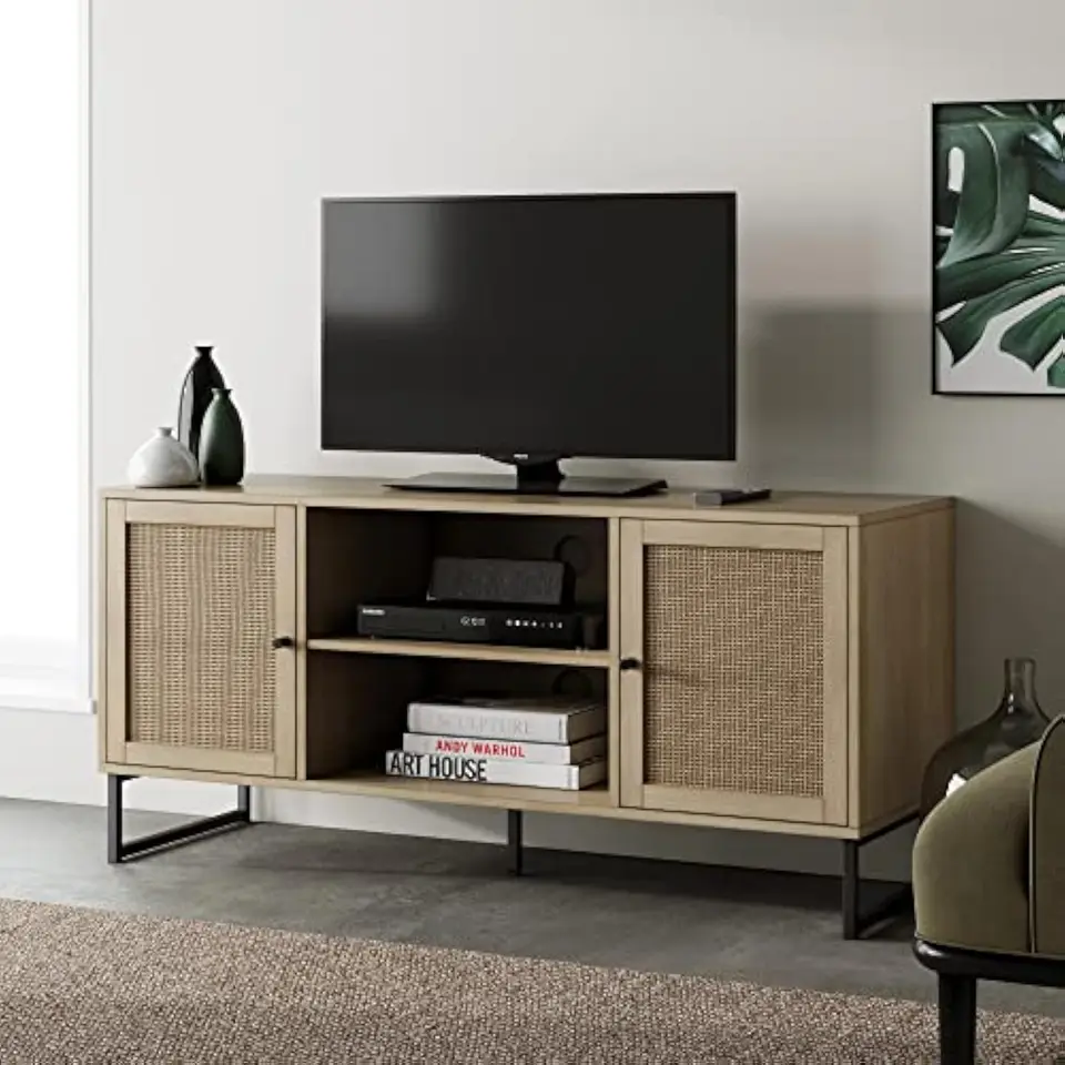 74101 MINA Modern TV Stand Entertainment Cabinet Media Console s prírodným dubovým drevom a matnými čiernymi akcentmi so STO