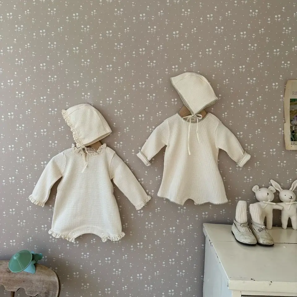 7458 detské oblečenie 2023 Jeseň Nová plná farebná farba dievčenského oblečenia Sveter Bodysuit Waffle Lace Lace Clocking Clothes