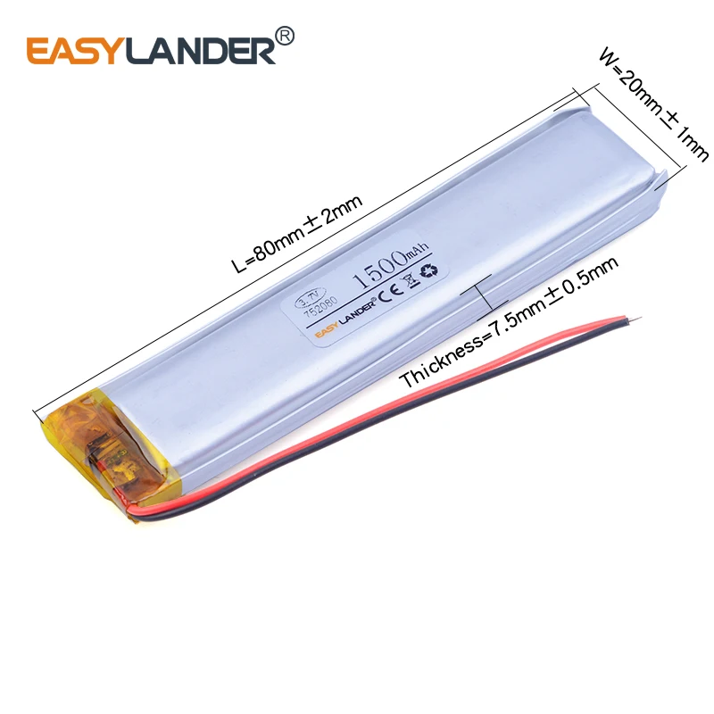 752080 3,7 V 1500 mAh Nabíjateľná lítium li-iónová polymérna batéria pre DVR PAD GPS PSP Vedio Game E-kniha Tablet PC Power Bank
