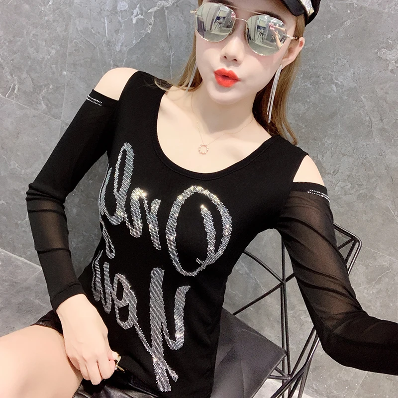 #7908 Čierna červená z tričku z ramena pre ženy Diamanty Sexy backless s dlhým rukávom tričko Dutlow out basy ôt