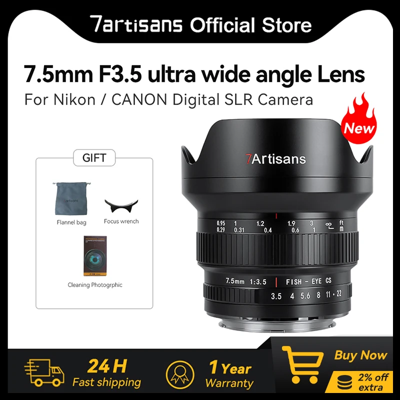 7artizáni 7,5 mm f3.5 Manuálne zaostrenie APS-C 205 ° Ultra širokouhlý rybársky objektív pre Canon EOS Rebel T7 Nikon F D750 D90 DSLR