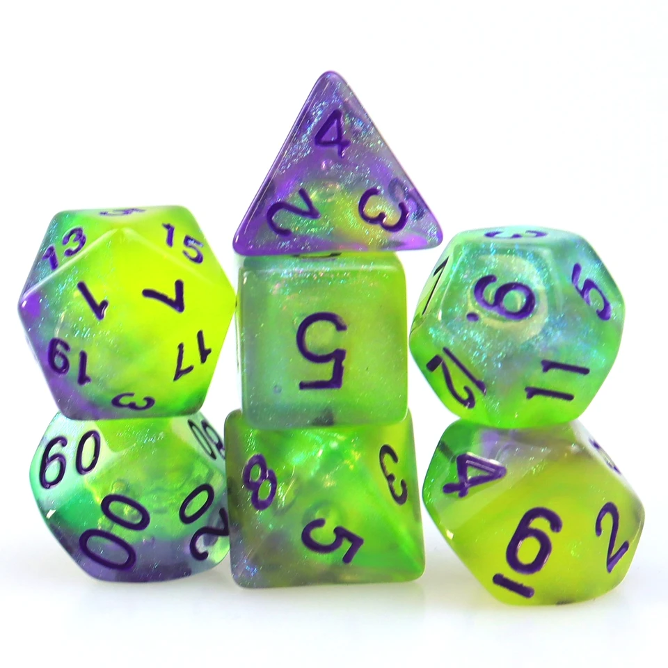 7ks fialová zelená žltá žltá plus žiara v tme, kocky, kocky doplnkov, Glow-in-the Dark Dice, Daint Game Supplies, Lei