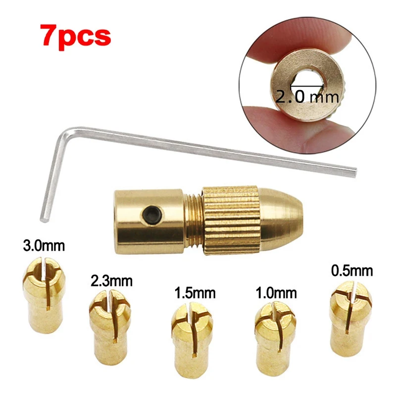 7ks Mini vŕtačka Chucks 0,5-3,0 mm Fit Fit pre Micro Twist Electronic Dremel Drill Collet Clampet Set príslušenstvo nástroja s kľúčom