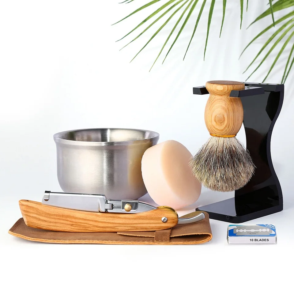 7ks mužov Badger Holením kefy Rovná hrana Razor Razor Set, Sit Siting Balber Holením so stánkovou miskou na hrebe mydla Súprava Blades