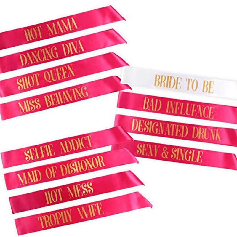 7pc tímová nevesta Satin Sash Set - Sofistikovaná a zábavná párty pre bakalársku párty, svadobnú sprchu a svadobnú hostinu