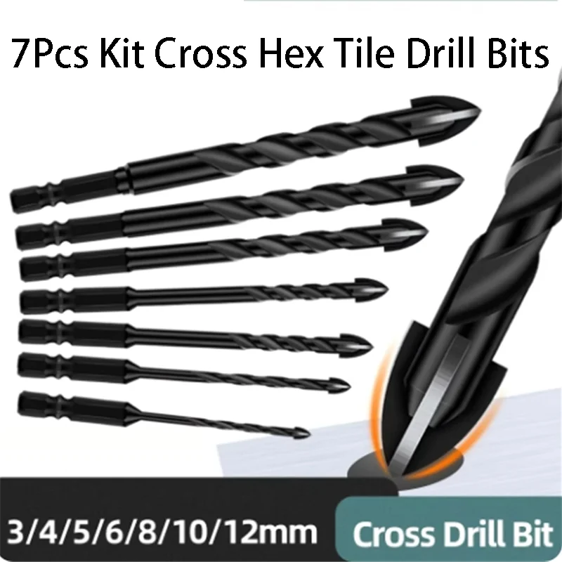 7pcs krížové hexové dlaždice vŕtacie bity súprava Non-Slip 3/4/5/6/8/10/12 mm trojuholníka Bit betónové vŕtačky Bits Bit Atloy Bit Dier Oosenter Nástroje