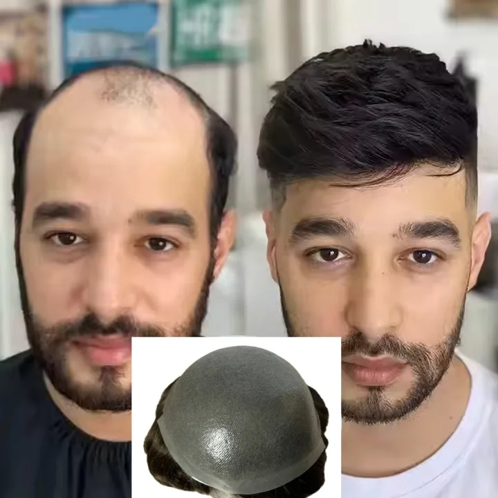 7x9 Super odolná tenká pokožka Pu 100% panenský výmena ľudských vlasov Mužská parochňa Capilárna protéza Hair Man Parochňa 6 palcov