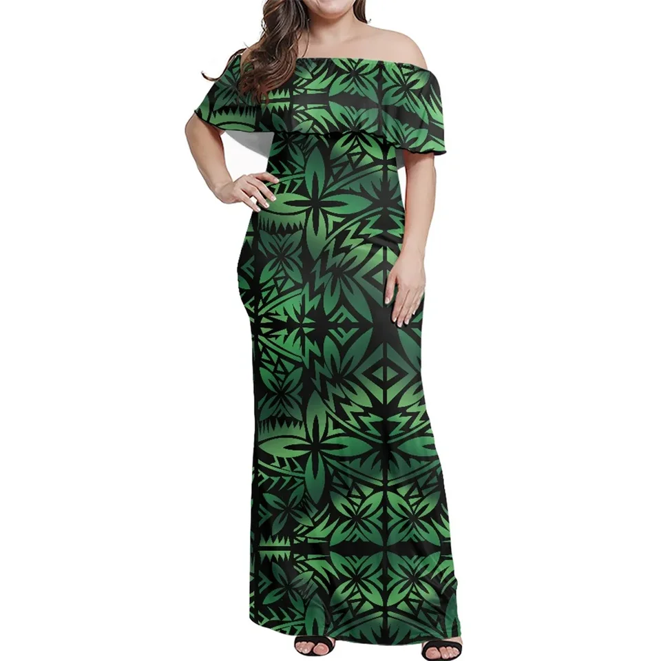 7xl elegantná dáma večerné šaty Polynézske kmeňové oblečenie Samoan Green Tapa Flower vytlačené z ramena dlhé maxi šaty