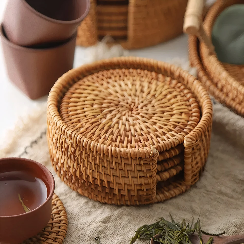 8/13 cm nápojové dráhy nastavené pre čaj Kungfu Tea Doplnky okrúhle riadové riady Mat Rattan Weave Cup Mat Rat Pad Priemer podložky